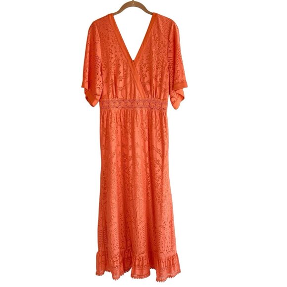 FARM RIO Anthropologie Devore Coral Lace Maxi Dress Size Small Burn Out Orange - Picture 1 of 15